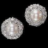 A FINE PAIR OF PEARL AND DIAMOND EARRINGS
