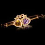 VICTORIAN AMETHYST, CITRINE AND PEARL DOUBLE HEART HINGED BANGLE