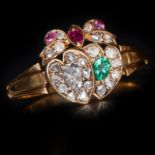 VICTORIAN DIAMOND RUBY AND EMERALD DOUBLE HEART RING