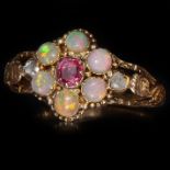 ANTIQUE VICTORIAN RUBY OPAL AND DIAMOND CLUSTER RING