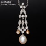IMPRESSIVE EDWARDIAN CERTIFICATED NATURAL SALTWATER PEARL AND DIAMOND PENDANT NECKLACE