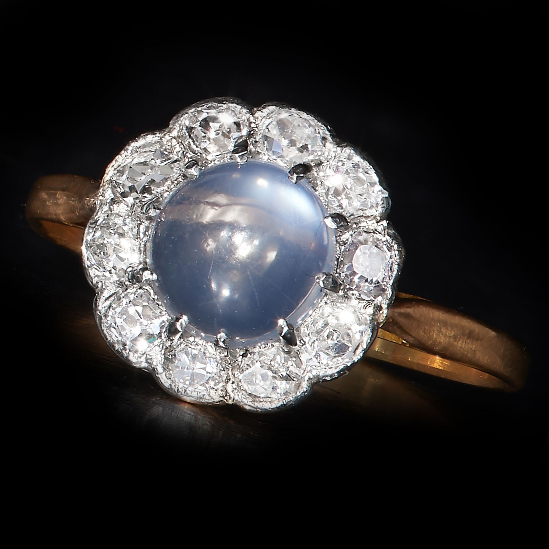 ART DECO MOONSTONE AND DIAMOND CLUSTER RING