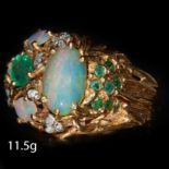 VINTAGE OPAL, EMERALD AND DIAMOND CLUSTER RING