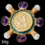 RARE DOUBLE SOVEREIGN, AMETHYST, PEARL AND DIAMOND BROOCH