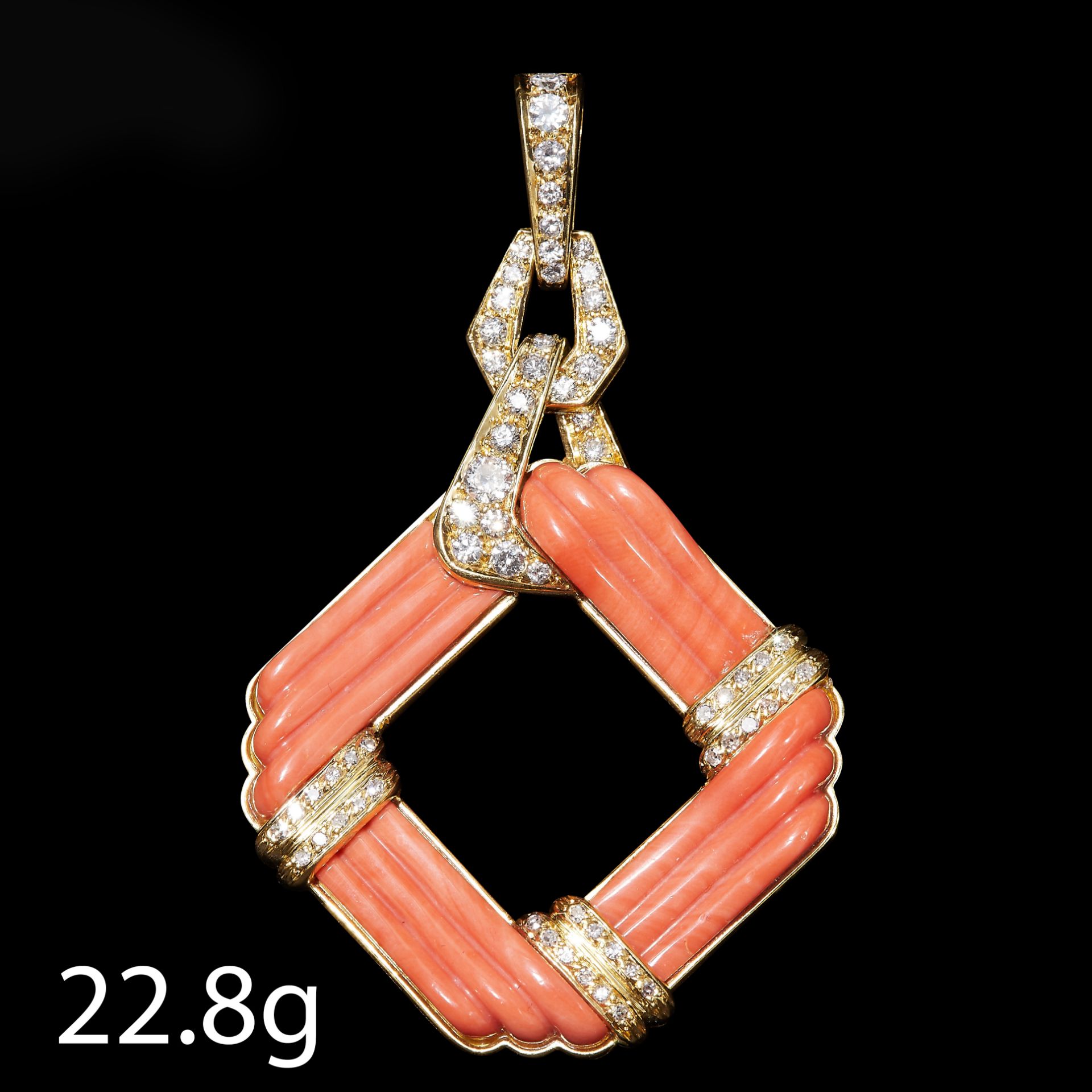 ATTRACTIVE LARGE CORAL AND DIAMOND PENDANT