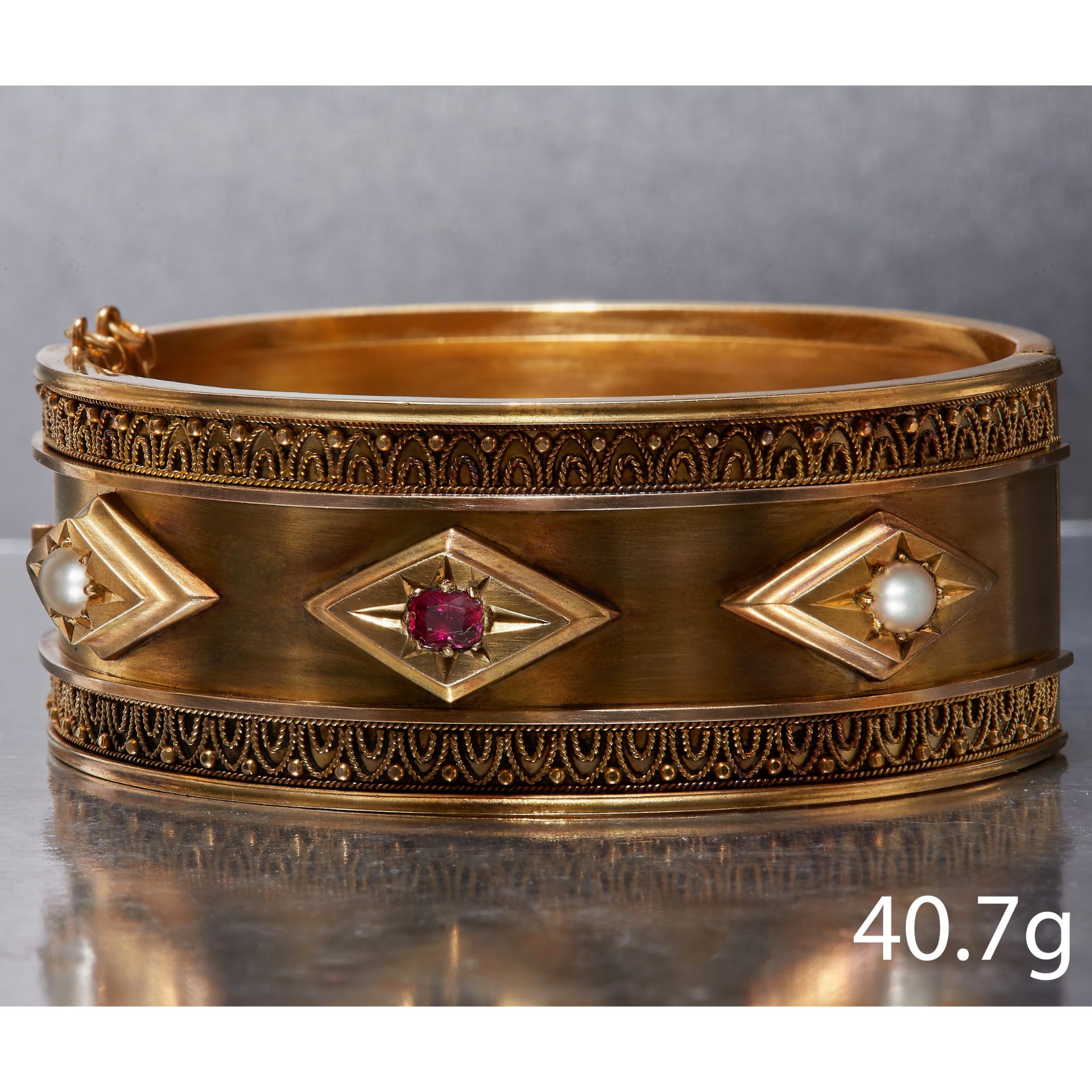 VICTORIAN RUBY AND PEARL WIDE CUFF HINGED BANGLE