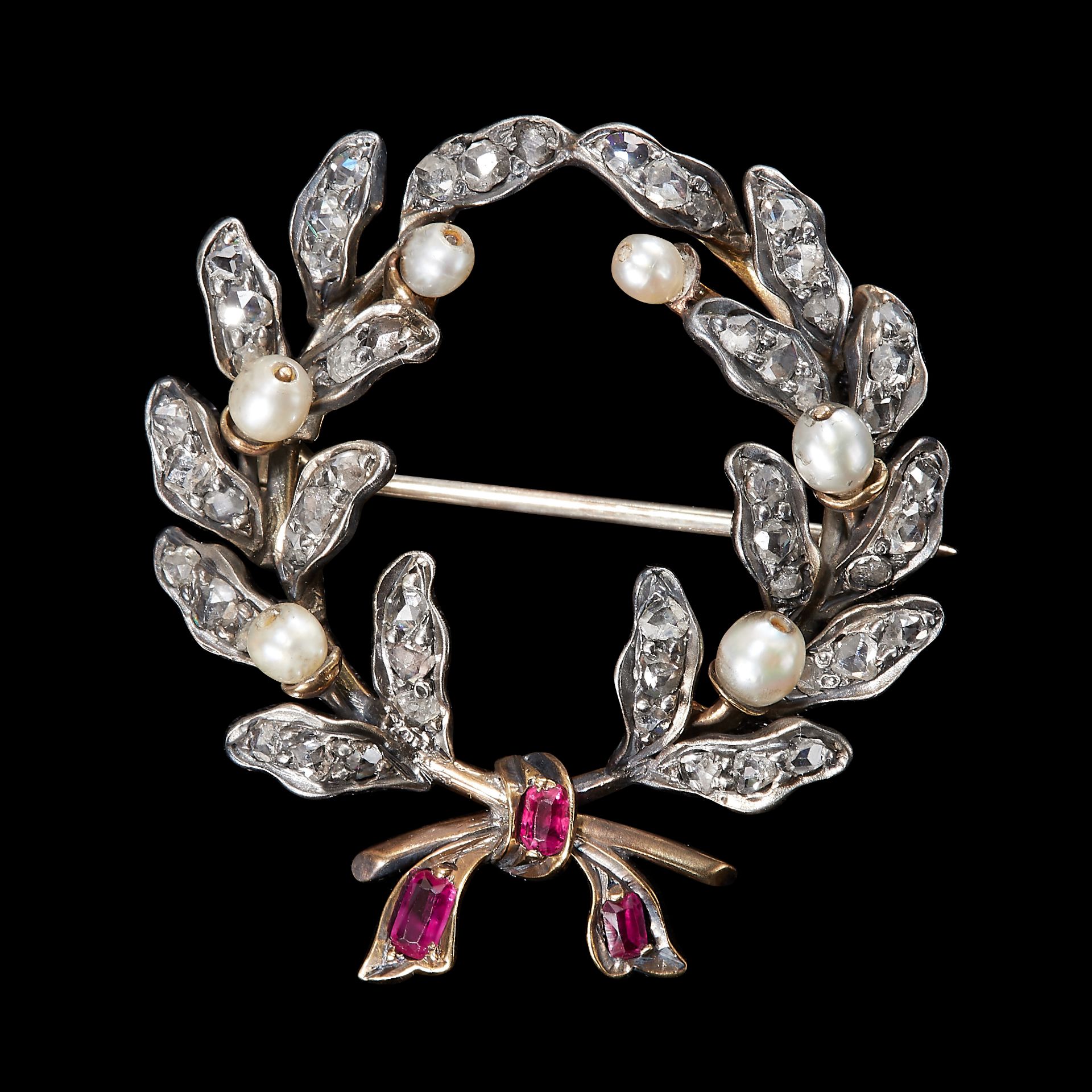 VICTORIAN DIAMOND, PEARL AND RUBY LAUREL BOW BROOCH