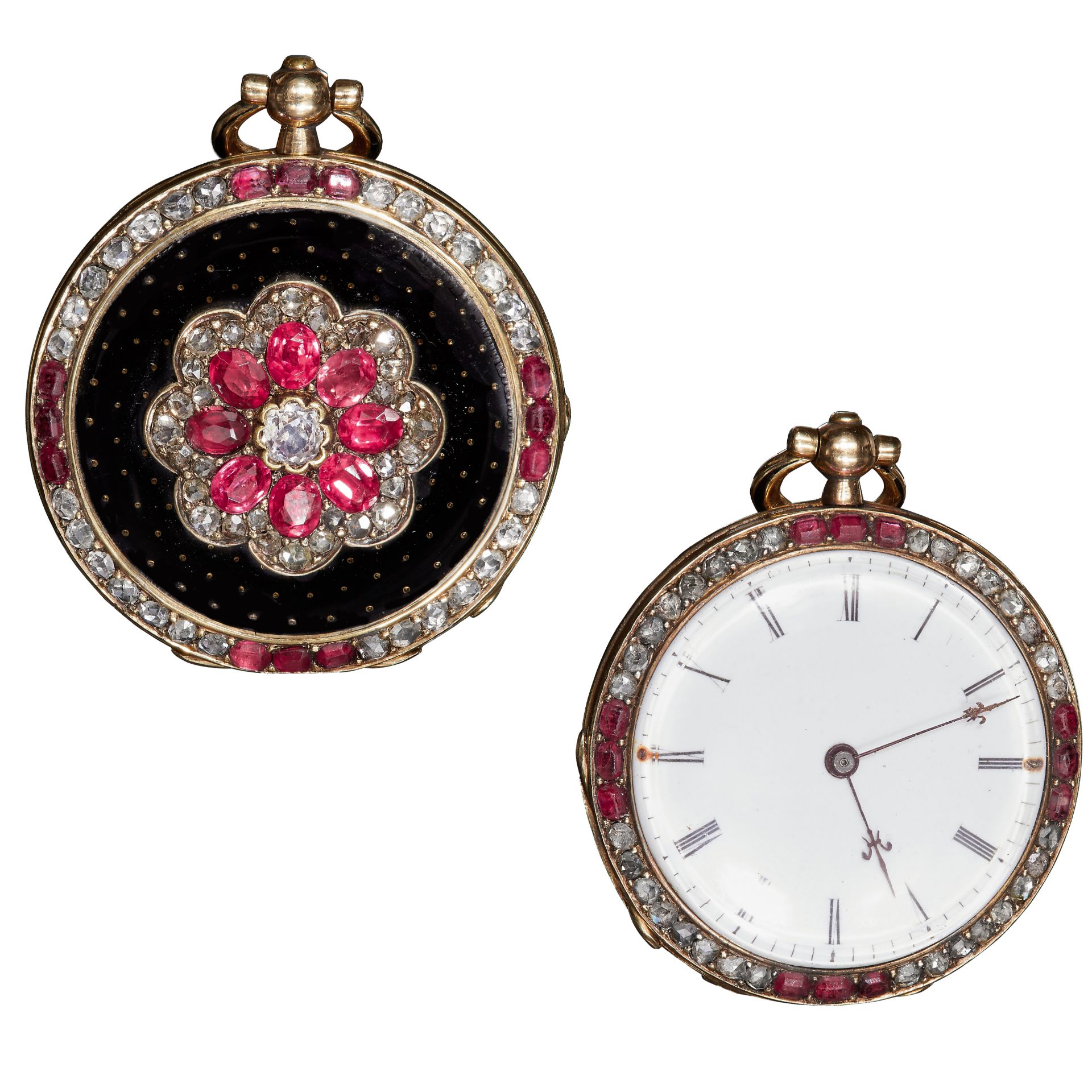 FINE EARLY 20TH CENTURY FRENCH DIAMOND AND RUBY FOB WATCH BY ROSSEL & FILS