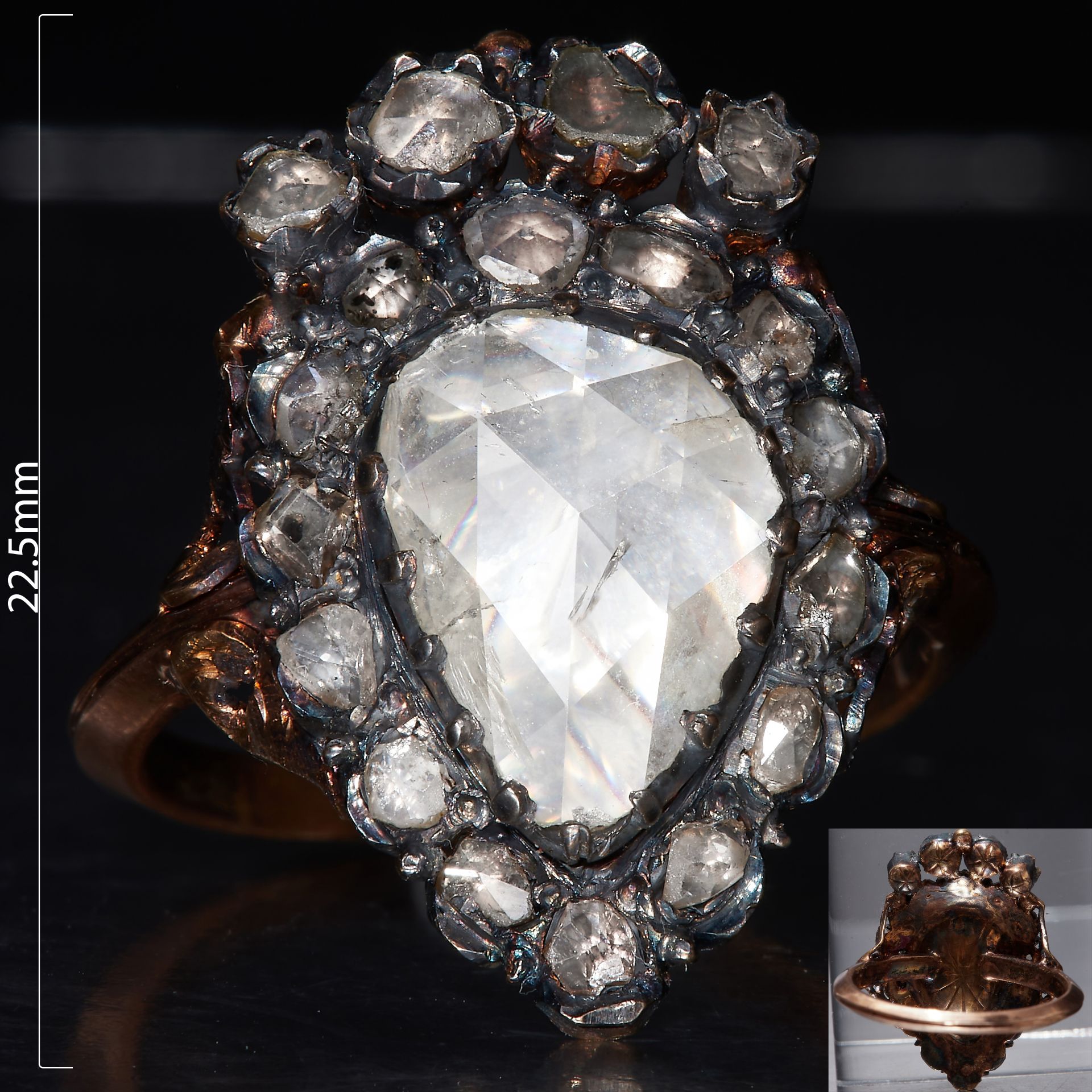 IMPRESSIVE LARGE ANTIQUE ROSE CUT DIAMOND HEART RING