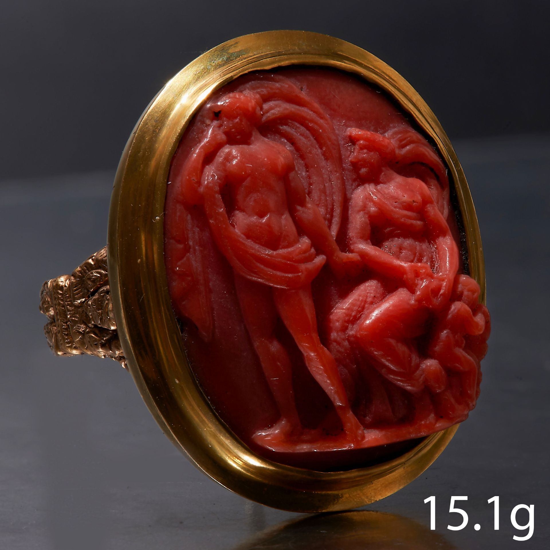 FINE ANTIQUE CARVED CORAL CAMEO RING