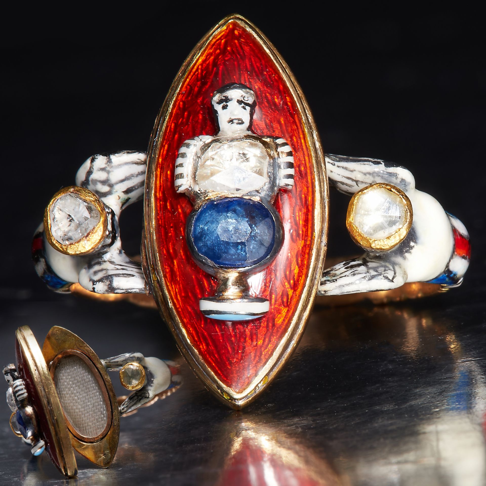 IMPORTANT GEORGIAN ENAMEL, SAPPHIRE AND DIAMOND LOCKET RING