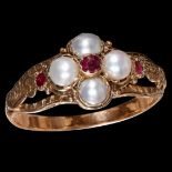 ANTIQUE RUBY AND PEARL CLUSTER RING