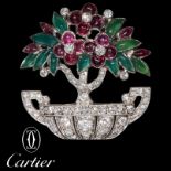 CARTIER, IMPORTANT ART-DECO DIAMOND, RUBY AND JADE FLORAL BROOCH