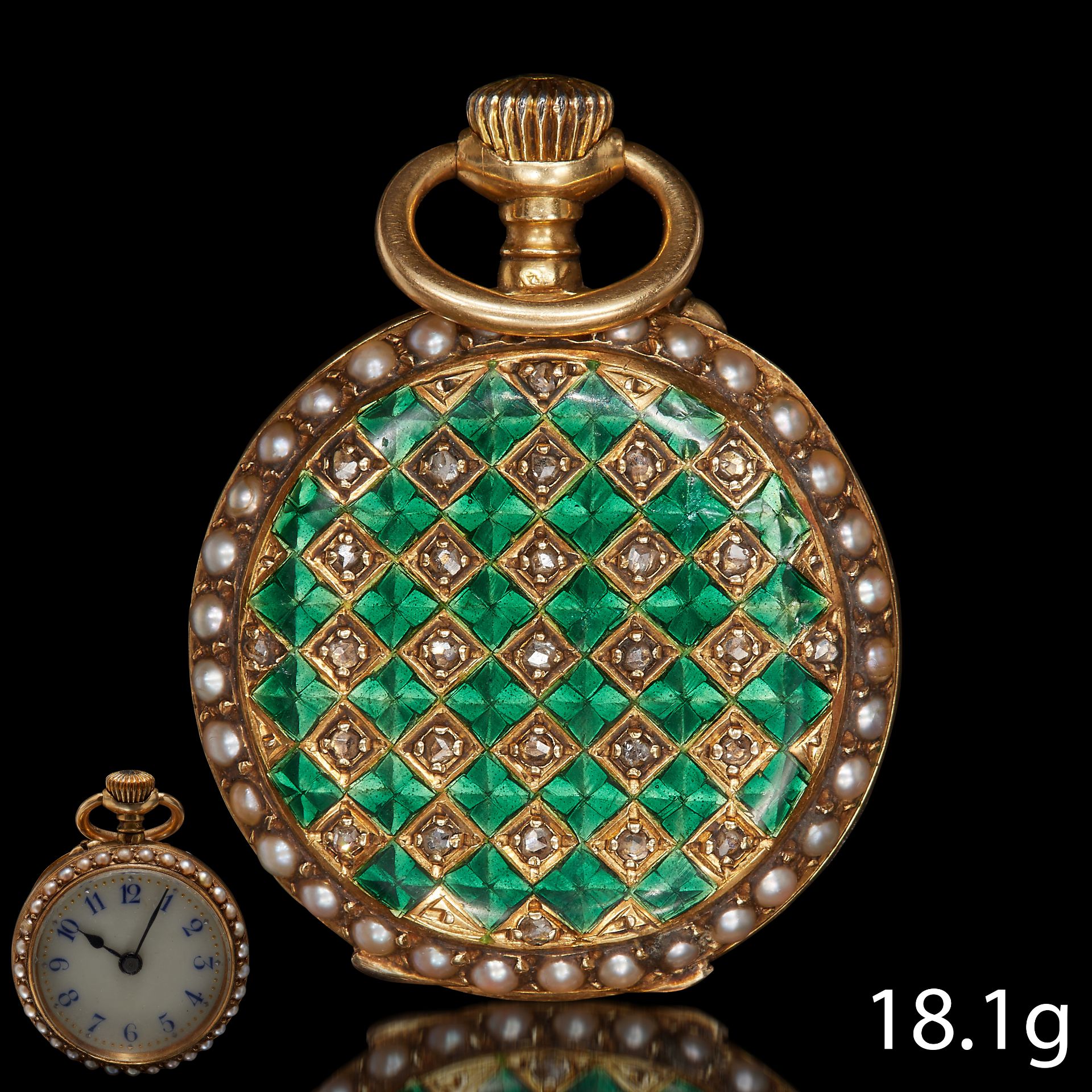 RARE VICTORIAN PEARL, ENAMEL AND DIAMOND POCKET WATCH