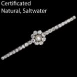 CERTIFICATED ANTIQUE NATURAL SALTWATER PEARL AND DIAMOND BROOCH
