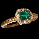 ANTIQUE EMERALD AND DIAMOND CLUSTER RING