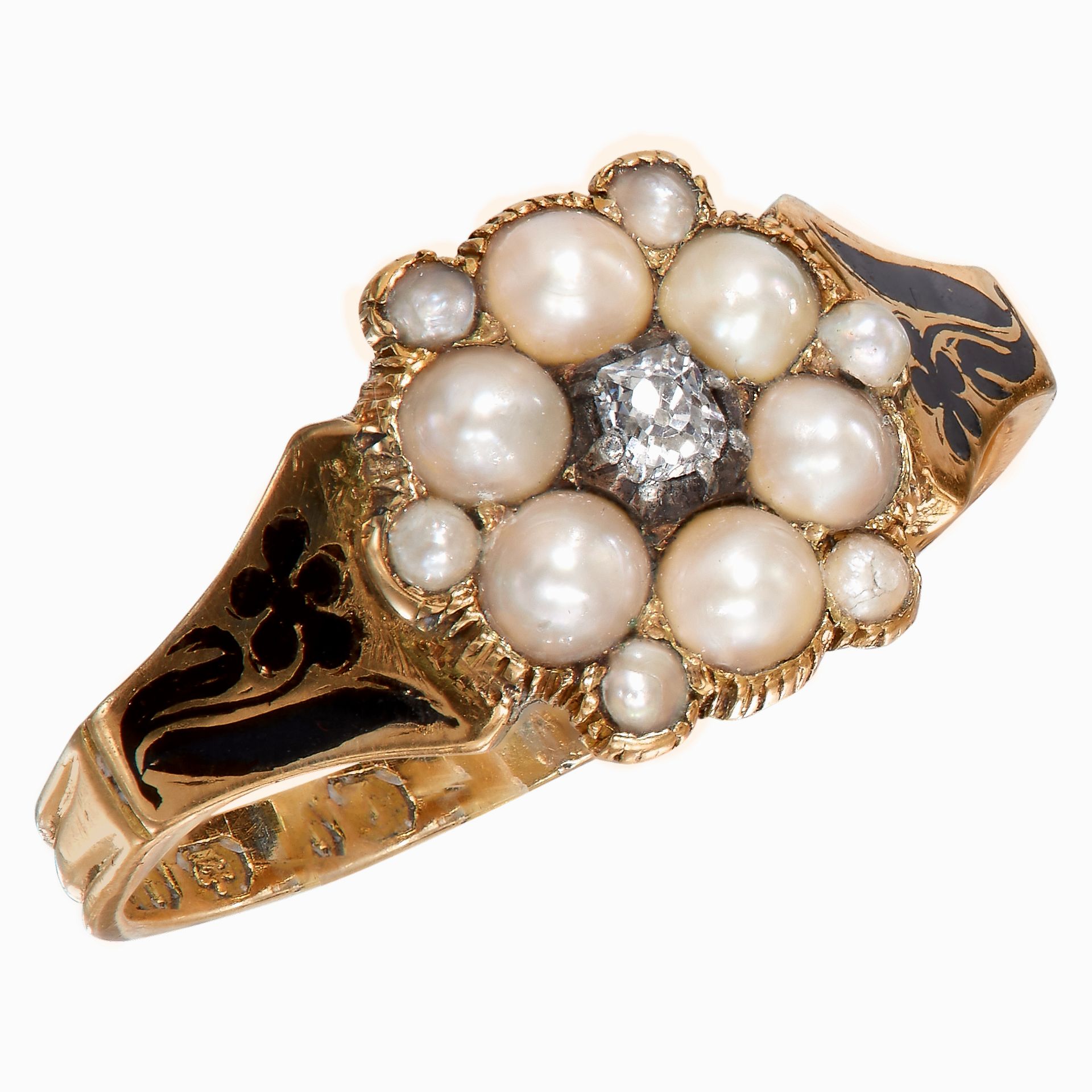 EARLY VICTORIAN PEARL DIAMOND AND ENAMEL MEMORI RING