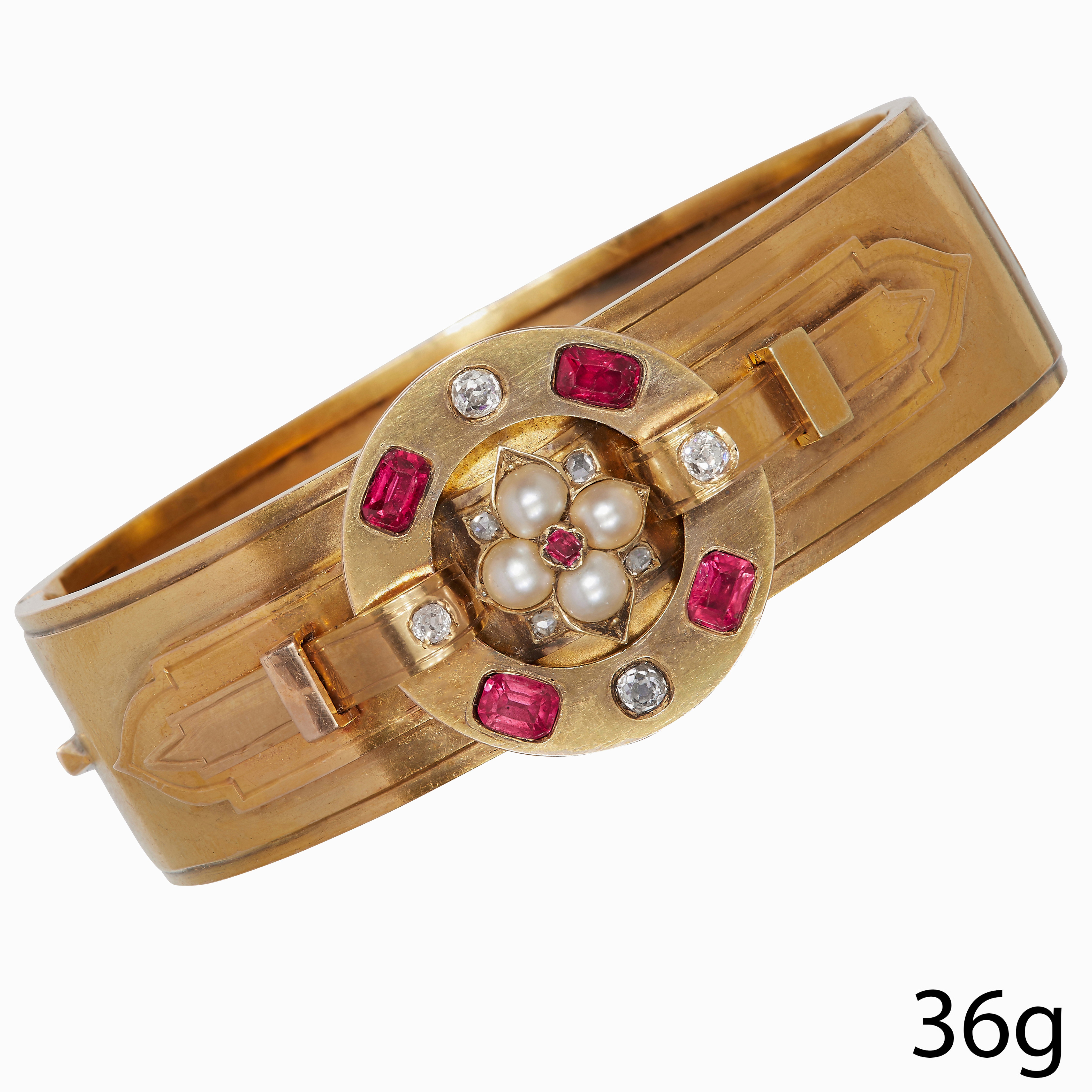 VICTORIAN RUBY, PEARL AND DIAMOND HINGED BANGLE