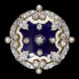 IMPRESSIVE DIAMOND, PEARL AND ENAMEL BROOCH