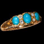 ANTIQUE TURQUOISE AND DIAMOND 3-STONE RING