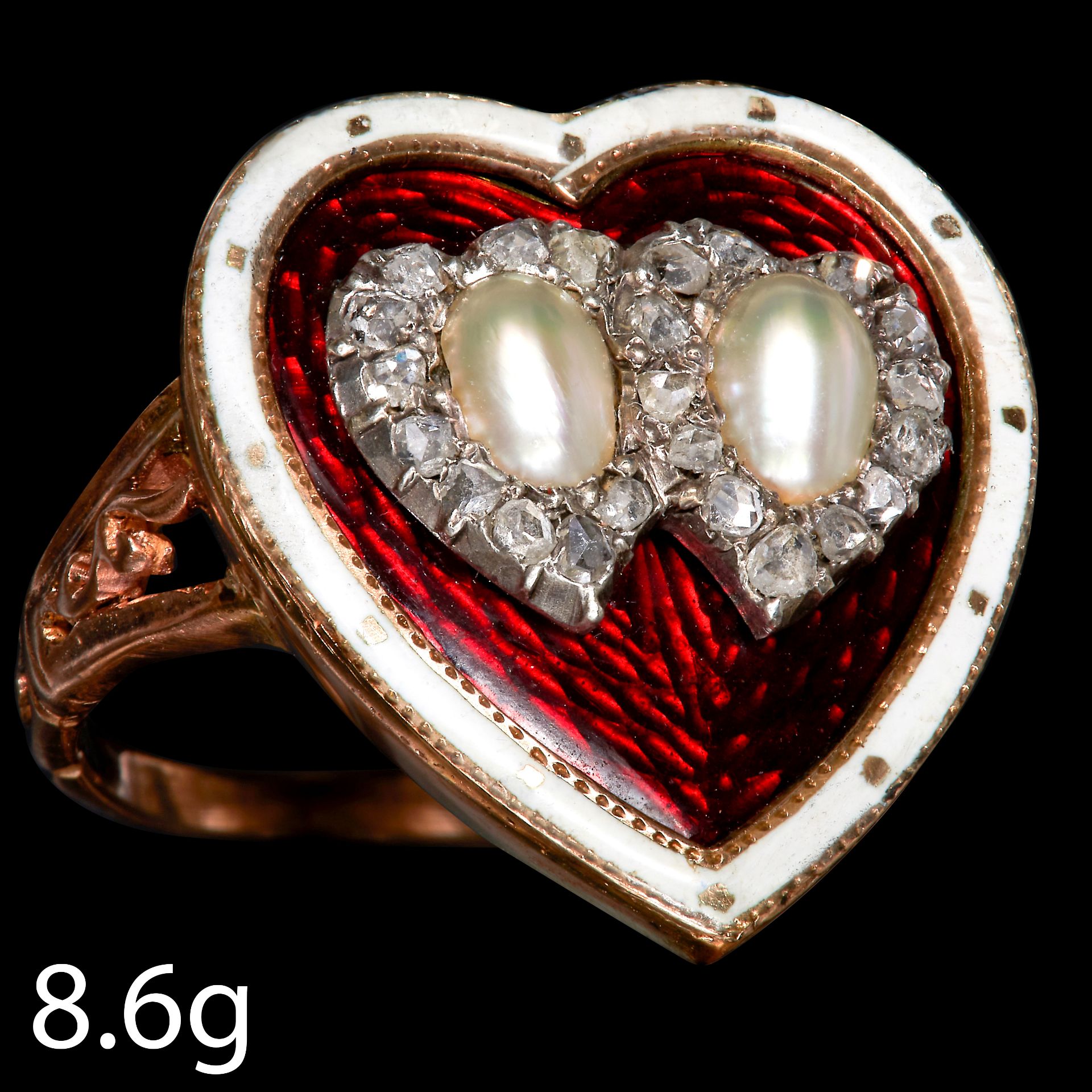 RARE ANTIQUE DIAMOND, PEARL AND ENAMEL DOUBLE HEART HEART RING
