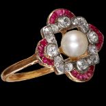 FINE ART DECO PEARL, RUBY AND DIAMOND RING