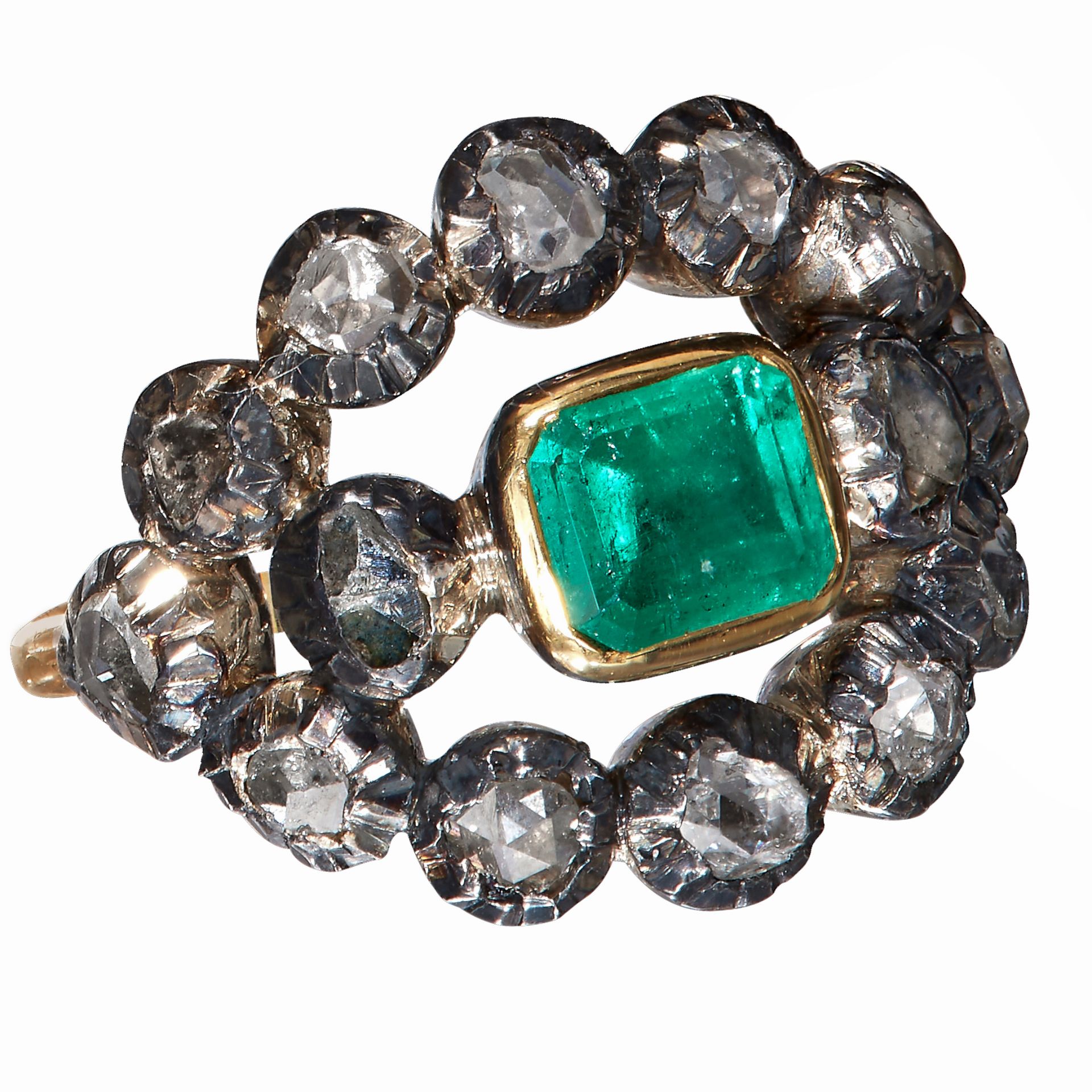 FINE GEORGIAN EMERALD AND DIAMOND RING