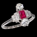 PLATINUM ART DECO RUBY AND DIAMOND RING