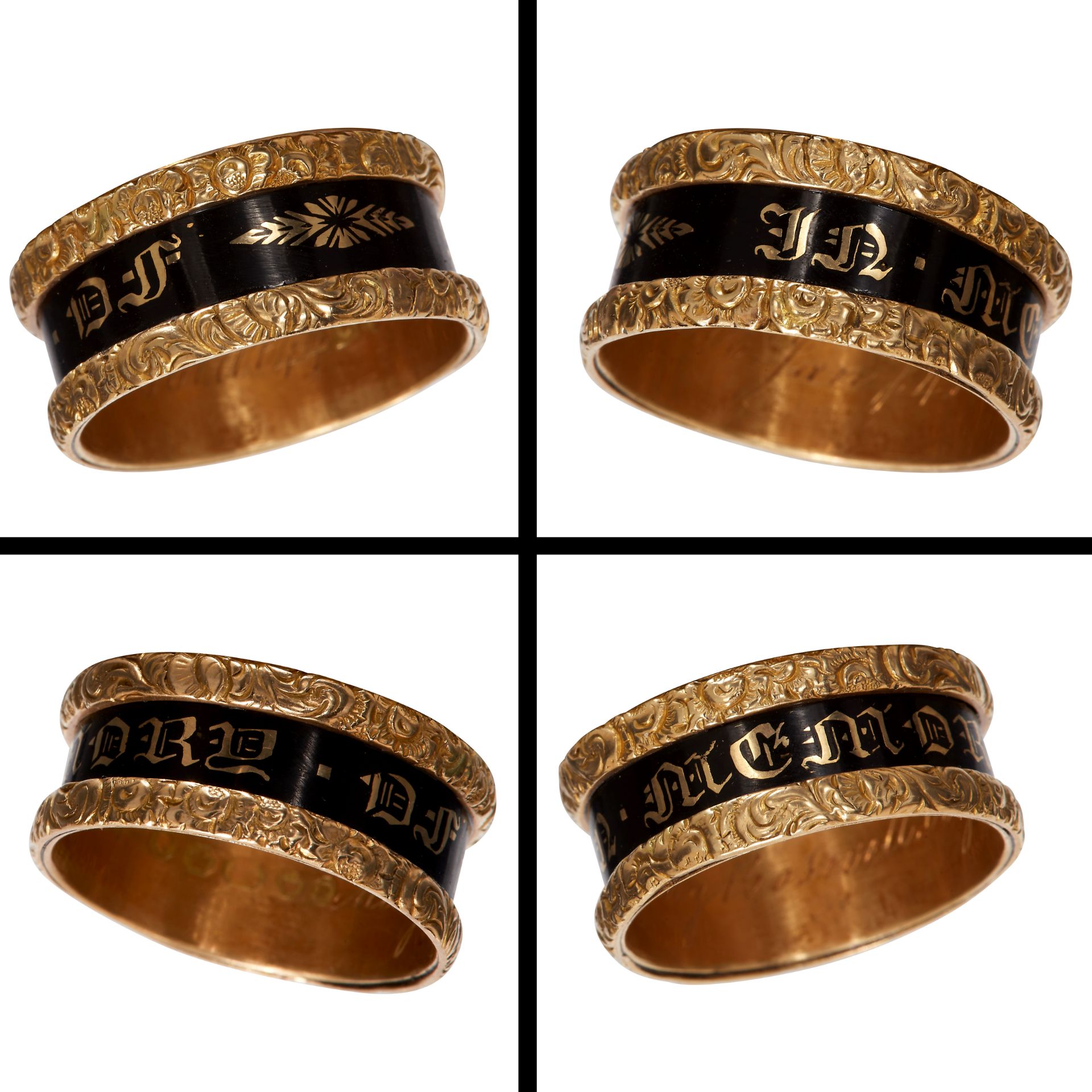 A FINE WIDE 18 CT GOLD AND ENAMEL MOURNING BAND