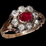 ANTIQUE RUBY AND DIAMOND CLUSTER RING