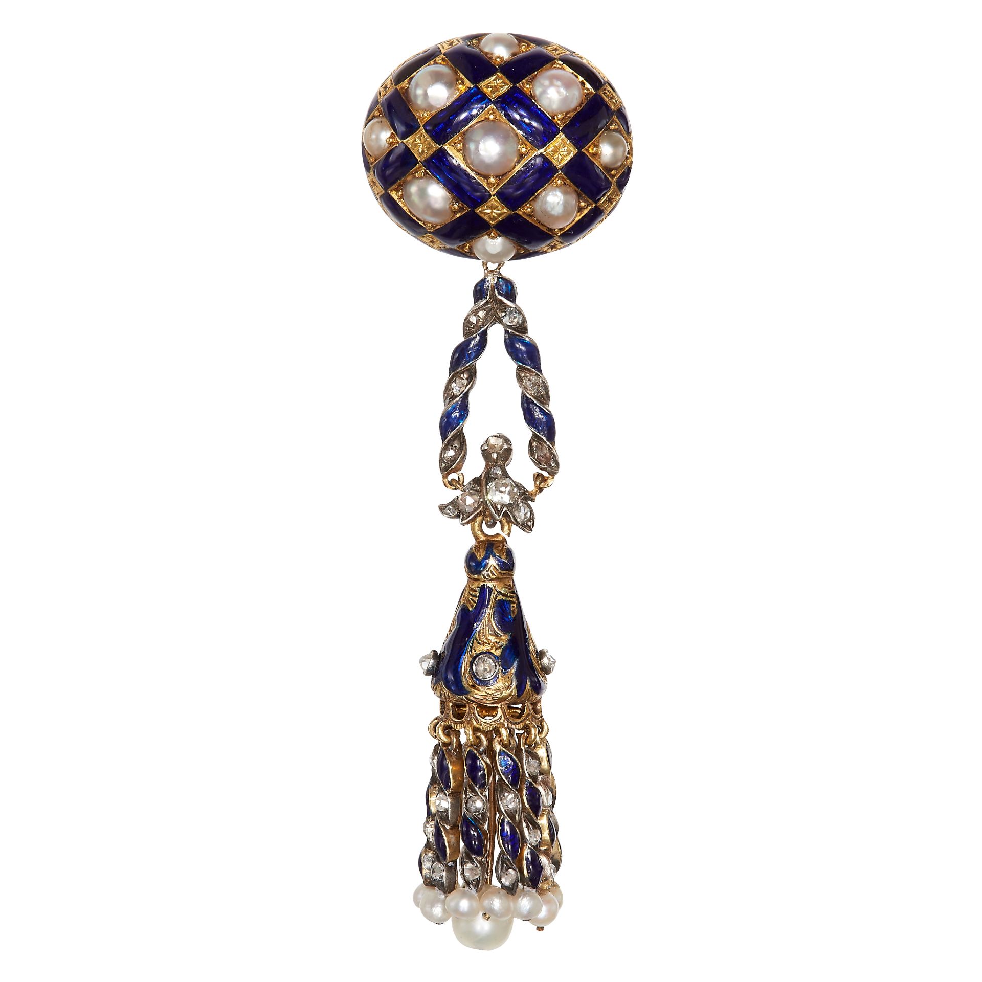 ANTIQUE ENAMEL PEARL AND DIAMOND DROP BROOCH