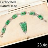 CERTIFICATED ART-DECO JADE AND DIAMOND CLIP BROOCH AND JADE BRACELET