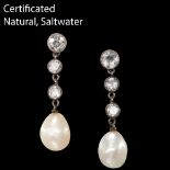 PAIR OF CERTIFICATED NATURAL SALTWATER PEARL AND DIAMOND DROP EARRINGS,