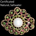 KARL ROTHMULLER (Attrib. to). CERTIFICATED NATURAL SALTWATER PEARL, RUBY AND PERIDOT BROOCH