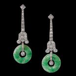 FINE PAIR OF ART-DECO DIAMOND AND JADE DROP EARRINGS