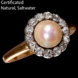 CERTIFICATED NATURAL SALTWATER PEARL AND DIAMOND CLUSTER RING