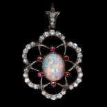 FINE ANTIQUE OPAL DIAMOND AND RUBY PENDANT