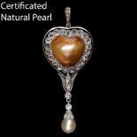 CERTIFICATED NATURAL PEARL AND DIAMOND DROP PENDANT