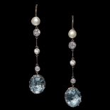 EDWARDIAN PAIR OF PEARL DIAMOND AND AQUAMARINE DROP EARRINGS