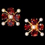 PAIR OF GARNET AND PEARL STUD CLUSTER EARRINGS