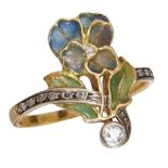 ART-NOUVEAU DIAMOND AND ENAMEL RING