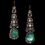 FINE PAIR OF ANTIQUE DIAMOND AND EMERALD DROP EARRINGS
