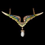 ART-NOUVEAU ENAMEL DIAMOND AND PEARL WING PENDANT NECKLACE