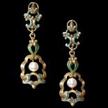 PAIR OF ANTIQUE ENAMEL AND PEARL DROP EARRINGS