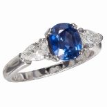 FINE SAPPHIRE AND DIAMOND THREE STONE RING