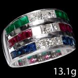 3-ROW EMERALD, RUBY, SAPPHIRE AND DIAMOND RING