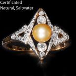 A FINE CERTIFICATED ART DECO PEARL AND DIAMOND RING