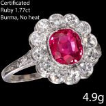 IMPRESSIVE CERTIFICATED BURMA RUBY AND DIAMOND CLUSTER RING,