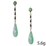 PAIR OF ART DECO PEARL AND JADE DROP EARRINGS