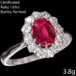 CERTIFICATED BURMA RUBY AND DIAMOND CLUSTER RING
